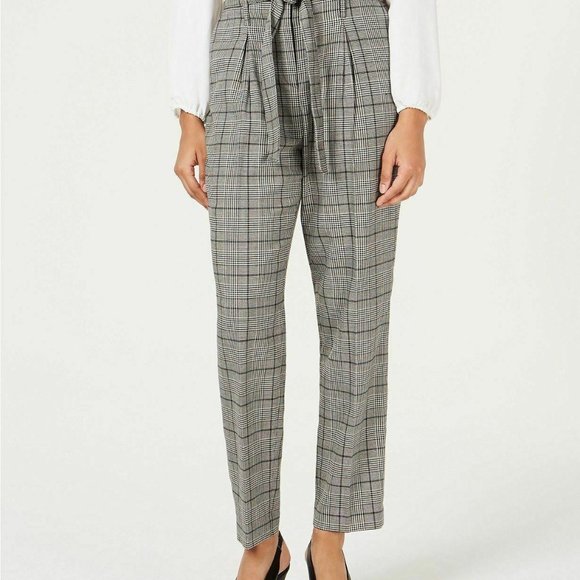 Bar III Pants - Bar III Black Plaid Tie High Waist Pleat Pants 8